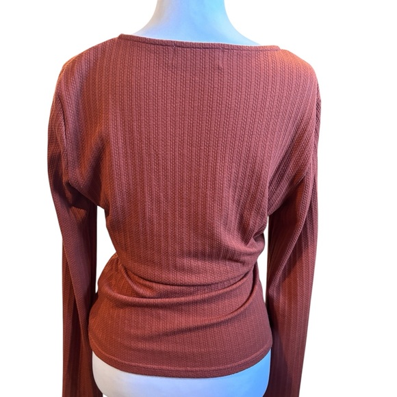 Ribbed Wrap Tie Waist Long Sleeve Top Rust Brown - Picture 4 of 7